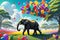 surreal digital painting of a gravity-defying elephant buoyed by a colorful array of balloons, hovering in whimsy