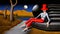 A surreal digital painting of a woman in a red top hat and pants sitting on a couch.