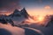 A surreal, dreamlike sunrise over a snow-capped mountain range generated by Ai