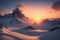 A surreal, dreamlike sunrise over a snow-capped mountain range generated by Ai