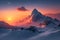 A surreal, dreamlike sunrise over a snow-capped mountain range generated by Ai