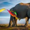 A surreal elephant with a tail of rainbow ribbons, radiating joy and happiness in a vibrant landscape2, Generative AI