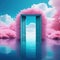 Surreal is a fantastic futuristic lake with pink shores and a door in the middle of the The concept of psychedelia and Generated