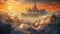 Surreal fantasy castle among beautiful clouds in golden sunset light. Generative AI