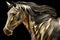 Surreal figure of a horse. Metal material with golden details. Black background.