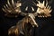 Surreal figure of a moose. Metal material with golden details. Black background.