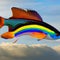 A surreal fish with wings, gliding through a sky filled with fluffy clouds and vibrant rainbows4, Generative AI