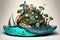 a surreal float island made of recycled materials, such as plastic bottles and tires.