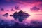 surreal float island in a world of perpetual twilight, with the sky drenched in purple and pink hues