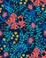 Surreal floral seamless pattern with big glowing flowers, tulips and blue foliage on dark background. Vector