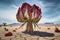 Surreal flower emerging from a desert landscape. Hope, resilience, the power of nature. Generative AI