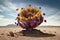 Surreal flower emerging from a desert landscape. Hope, resilience, the power of nature. Generative AI