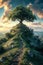 Surreal giant tree on top of a hill, detailed, path up the hill, vast landscape, fantasy setting, otherworldly.