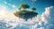 Surreal green island with trees floating in the cloudy sky landscape. Fantasy world concept