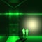 Surreal green metallic interior room with two figures of young men walk towards the light.