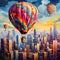 Surreal Hot Air Balloon above a Bustling Cityscape