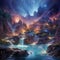 Surreal hot spring filled with vibrant, sparkling geysers in an otherworldly landscape