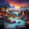 Surreal hot spring filled with vibrant, sparkling geysers in an otherworldly landscape