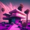 Surreal house in the desert under a pink sky and mountains above it rocks and palm trees