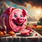 Surreal humorous pig dressed in retro medieval enjoy aperitive red wine and a ham sandwich at sunset