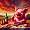 Surreal humorous pig dressed in retro medieval enjoy aperitive red wine and a ham sandwich at sunset