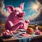 Surreal humorous pig dressed in retro medieval enjoy aperitive red wine and a ham sandwich at sunset