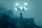 Surreal Illuminated Tree Standing in Misty Landscape Enchanted Environment in Foggy Setting with Glowing Lights on Branches