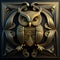 Surreal illustration in art deco style of a owl. Gold edges and frontal view with ornaments. Symmetric design.