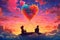 A surreal illustration of a couple sitting on a cloud, with their hearts connected by a string of colorful balloons, vivid sunset