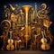 Surreal Illustration of a Golden Musical Instrument Orchestra