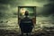 Surreal Illustration of Man Watching TV by Sea with Nuclear Explosion Behind
