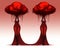 Surreal illustration of two women in red gowns with red cloud heads on a gradient background