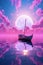 Surreal image of boat in water under pink full moon