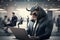 Surreal image of a bull wearing formal suit is working in a corporate office.