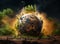 Surreal image of a globe with trees and fire on a barren landscape under a dark sky. Post-apocalyptic world.