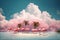 A surreal image of a group of flamingos enjoying a summer day at the beach, surrounded by pink flamingo-shaped clouds and palm