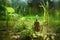 Surreal image of mysterious man walking alone in the forest