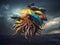 A surreal image of octopus with umbrellas floating in the ocean. AI generative image.