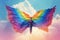 A surreal image of a person with butterfly wings made up of the colors of the pride flag, flying through a bright, colorful sky.