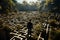 Surreal image of a person in classic suits walking through a labyrinth