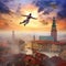 Surreal Image: Person Soaring Above Warsaw with Personalized Travel Guide