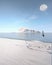 Surreal imaginary beach covered with snow, man dives into the frozen sea, Tavolara Island, Sardinia, Italy