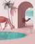 Surreal imaginary dreamy terrace, over beach or desert landscape with cloudy sky, potted palm tree, archways, round swimming pool