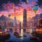 Surreal and Imaginative Depiction of Hong Kong's Skyline at Sunset