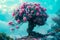 Surreal and imaginative painting of tree with flowers and brain or head sitting on top of it. Generative AI