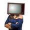 Surreal influencer woman arm crossed with vintage television on his head blank screen isolated on white