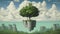 Surreal Island Painting With Tree, Cliff, And Castle