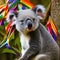 A surreal koala with a tail of rainbow ribbons, clinging to a fantastical eucalyptus tree5, Generative AI