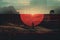 Surreal landscape and dark human silhouette collage illustration with red sun and water