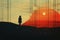 Surreal landscape and dark human silhouette collage illustration with red sun and water